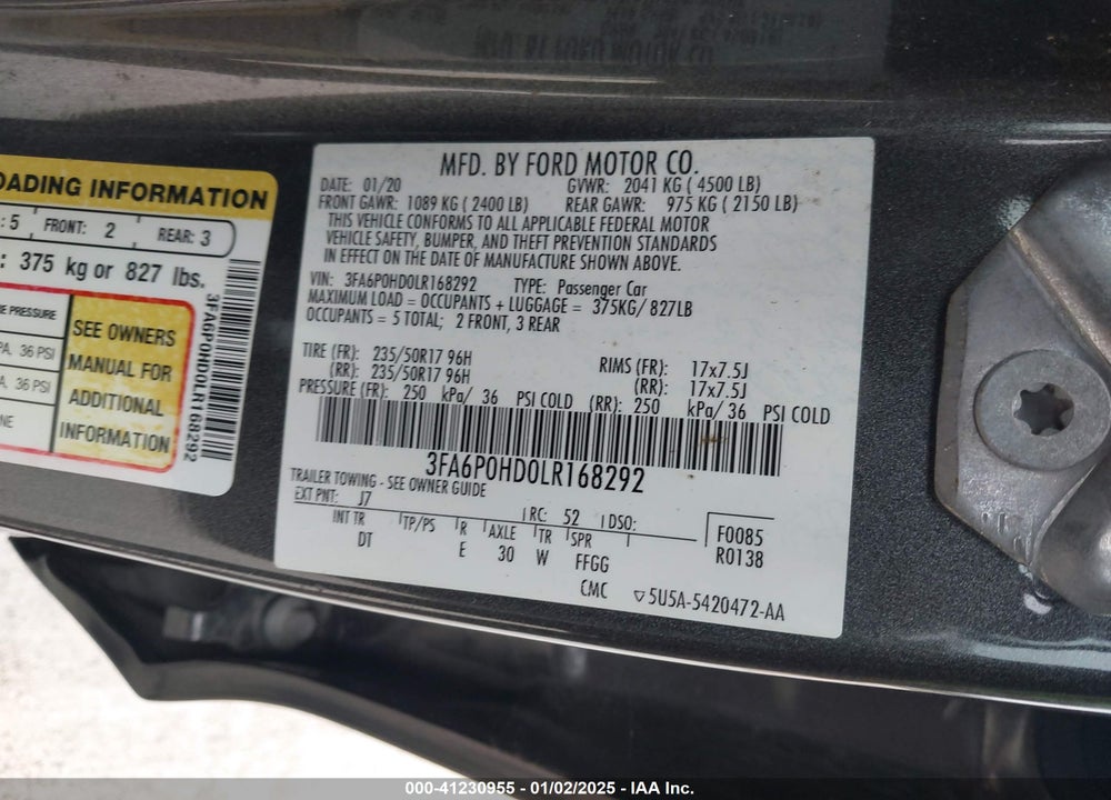 2020 FORD FUSION SE VIN: 3FA6P0HD0LR168292