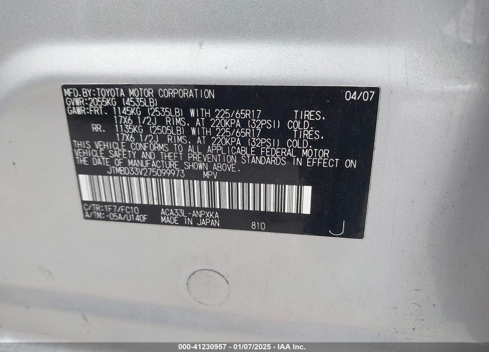 2007 TOYOTA RAV4 VIN: JTMBD33V275099973