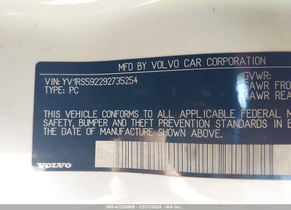 2009 VOLVO S60 VIN: YV1RS592292735254