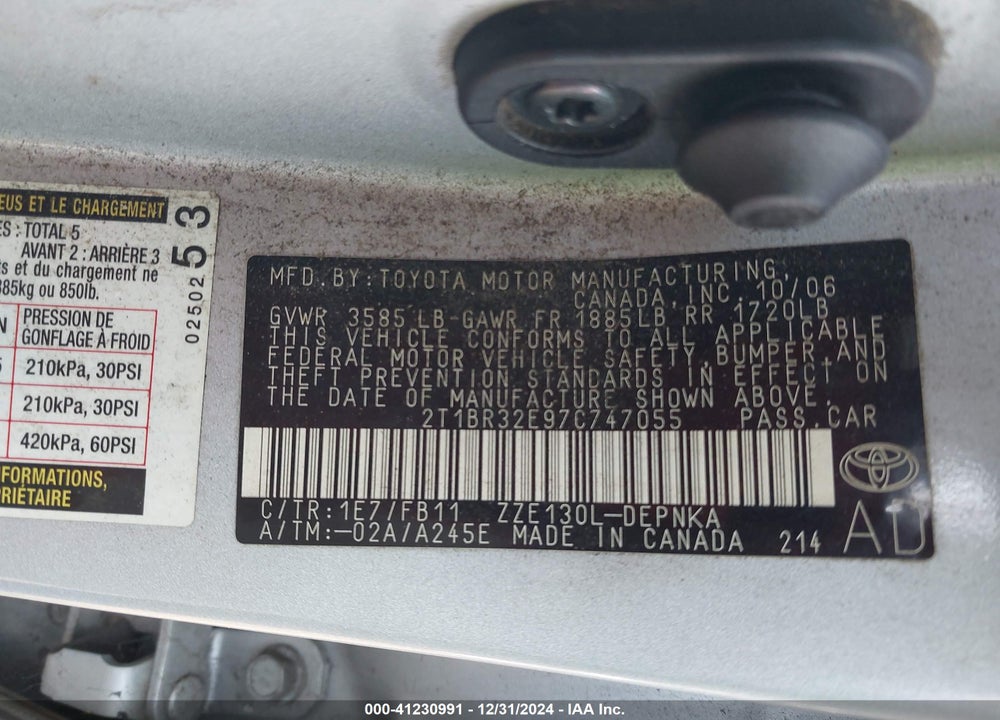 2007 TOYOTA COROLLA VIN: 2T1BR32E97C747055