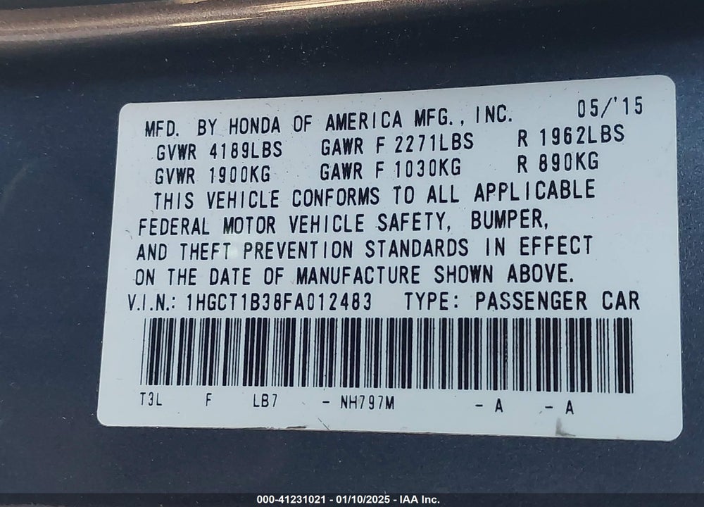 2015 HONDA ACCORD LX-S VIN: 1HGCT1B38FA012483