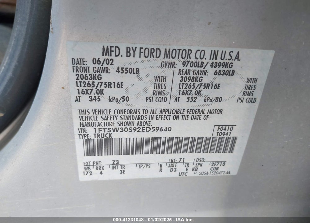 2002 FORD F 350 VIN: 1FTSW30S92ED59640