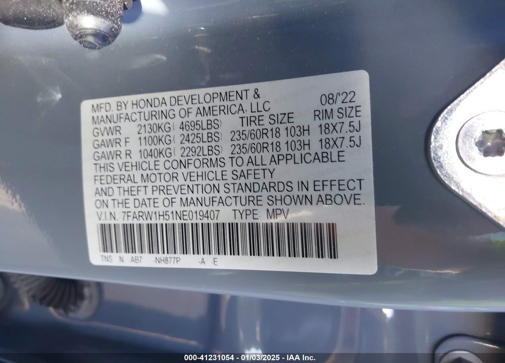 2022 HONDA CR-V EX VIN: 7FARW1H51NE019407