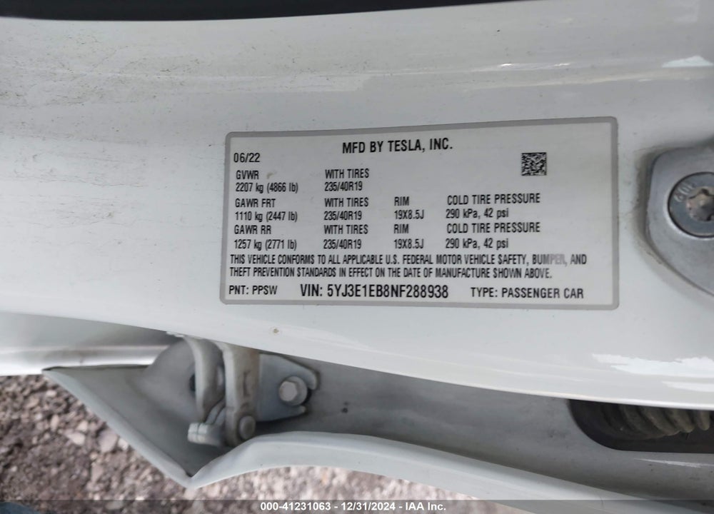 2022 TESLA MODEL 3 VIN: 5YJ3E1EB8NF288938