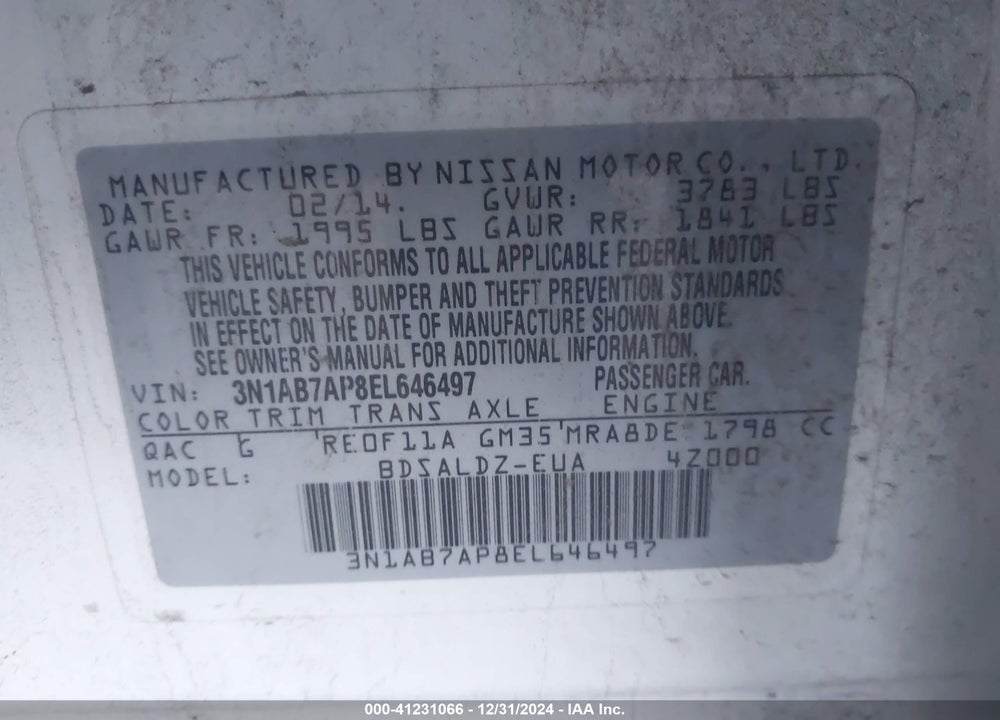 2014 NISSAN SENTRA FE+ S/FE+ SV/S/SL/SR/SV VIN: 3N1AB7AP8EL646497