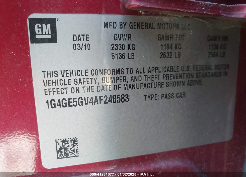 2010 BUICK LACROSSE CXS VIN: 1G4GE5GV4AF248583