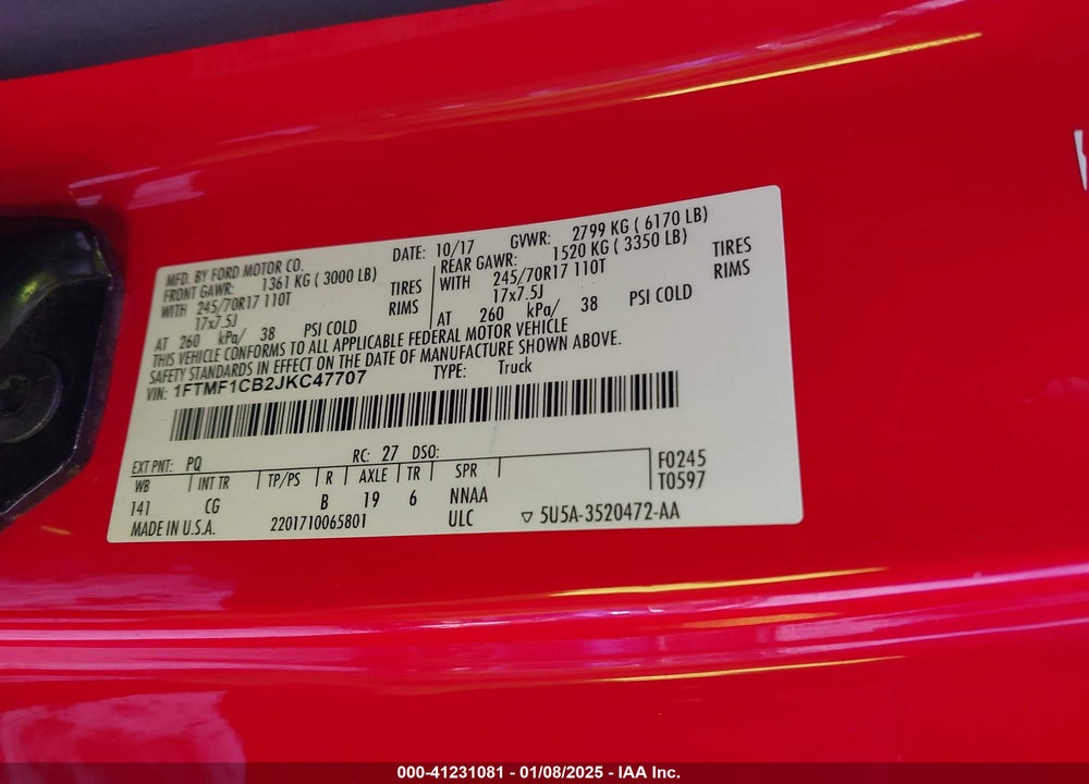 2018 FORD F-150 VIN: 1FTMF1CB2JKC47707