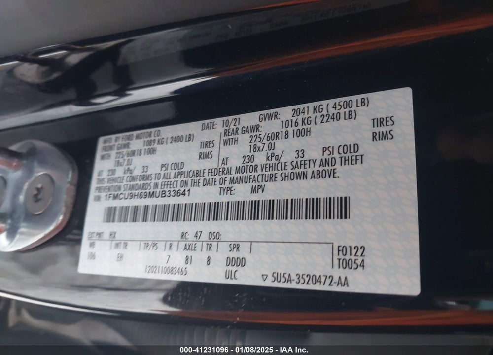 2021 FORD ESCAPE SEL VIN: 1FMCU9H69MUB33641