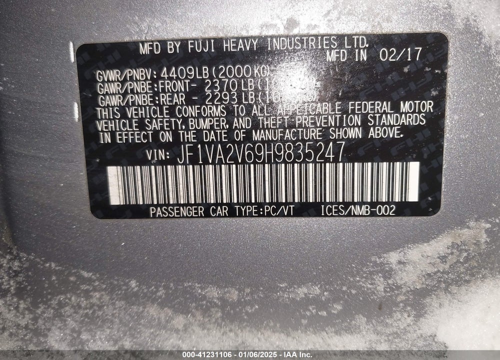 2017 SUBARU WRX STI VIN: JF1VA2V69H9835247