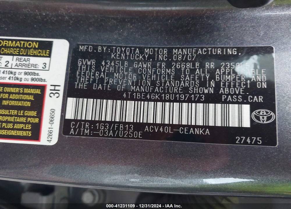 2008 TOYOTA CAMRY LE VIN: 4T1BE46K18U197173