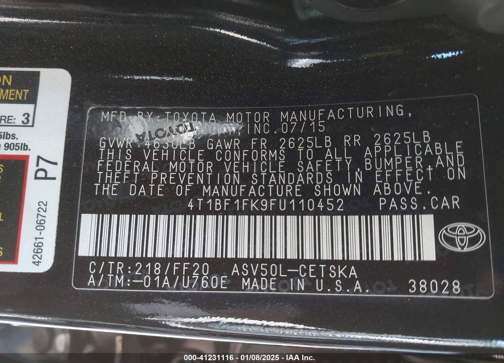 2015 TOYOTA CAMRY SE VIN: 4T1BF1FK9FU110452