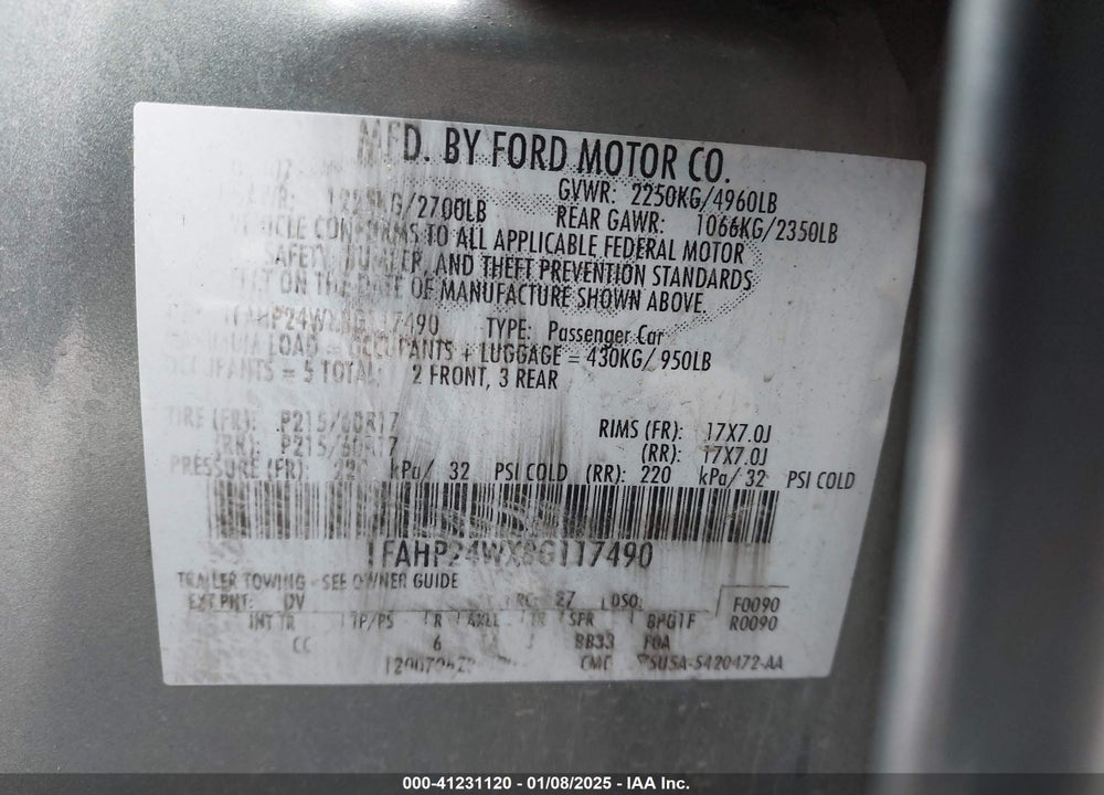 2008 FORD TAURUS SEL VIN: 1FAHP24WX8G117490