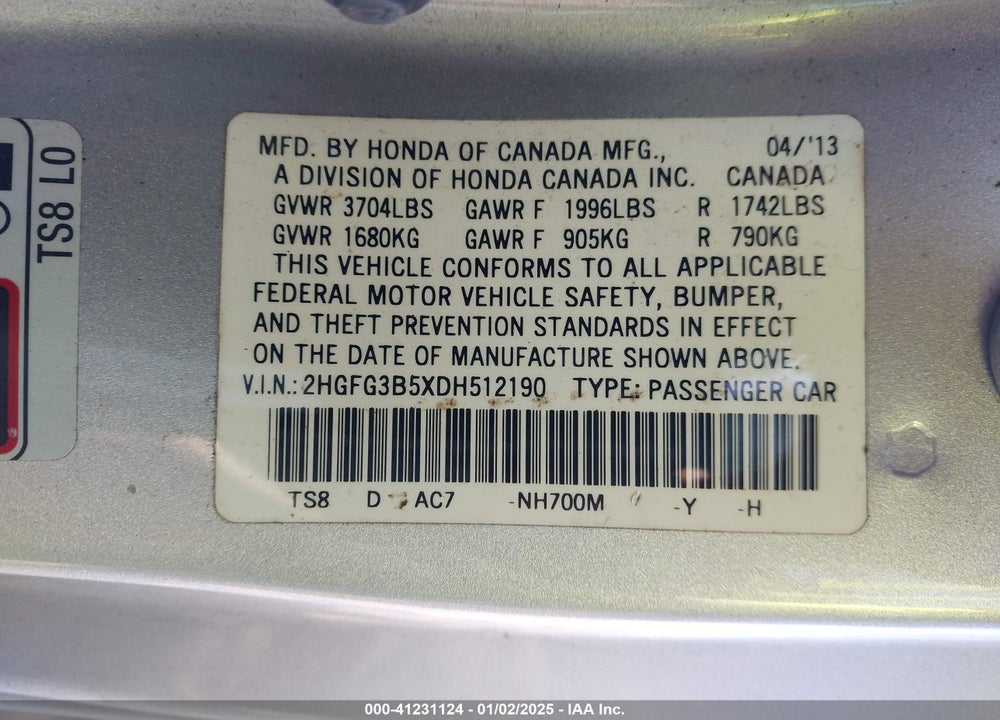 2013 HONDA CIVIC VIN: 2HGFG3B5XDH512190