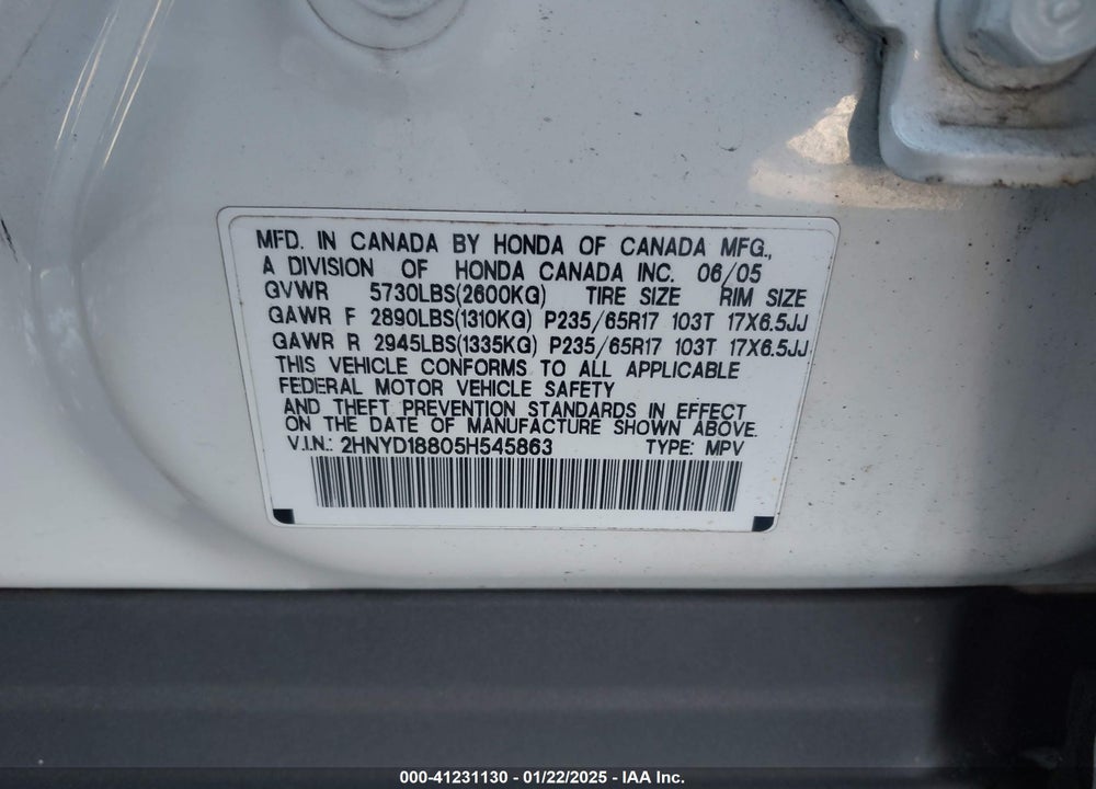 2005 ACURA MDX VIN: 2HNYD18805H545863