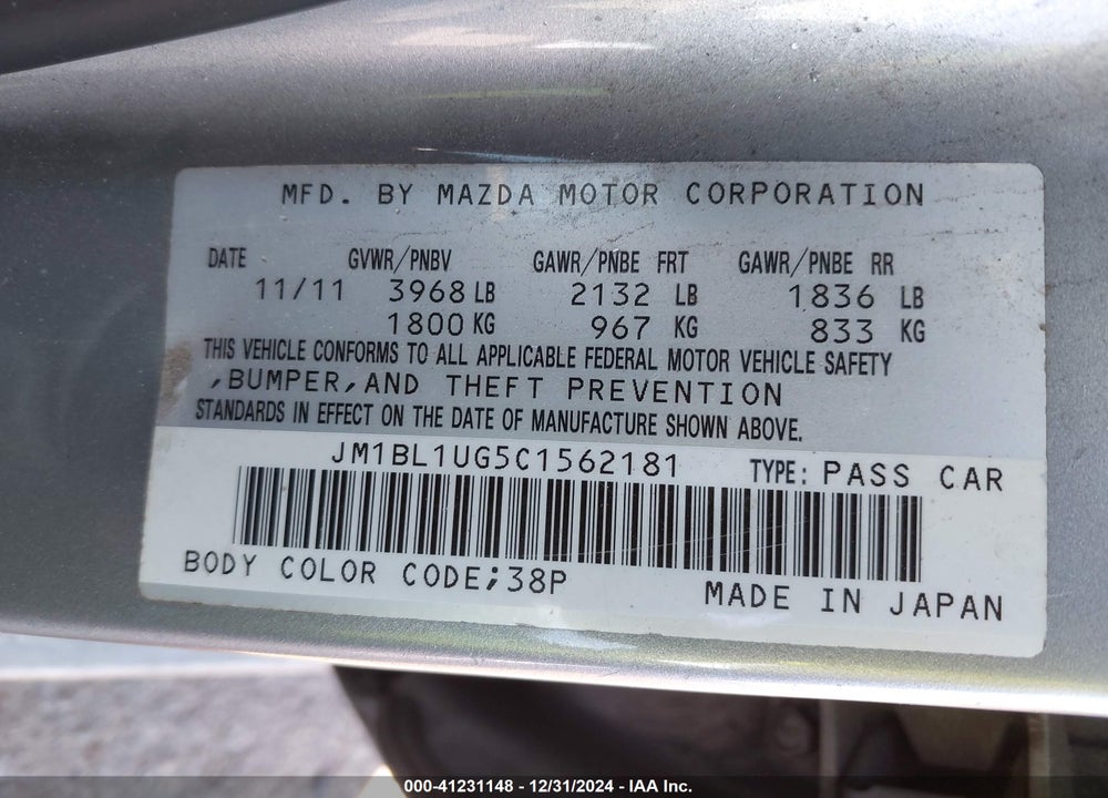 2012 MAZDA 3 I SPORT VIN: JM1BL1UG5C1562181