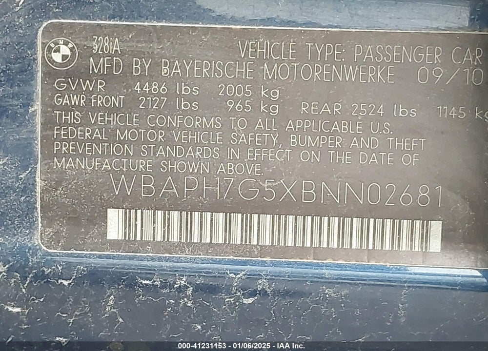2011 BMW 328I VIN: WBAPH7G5XBNN02681