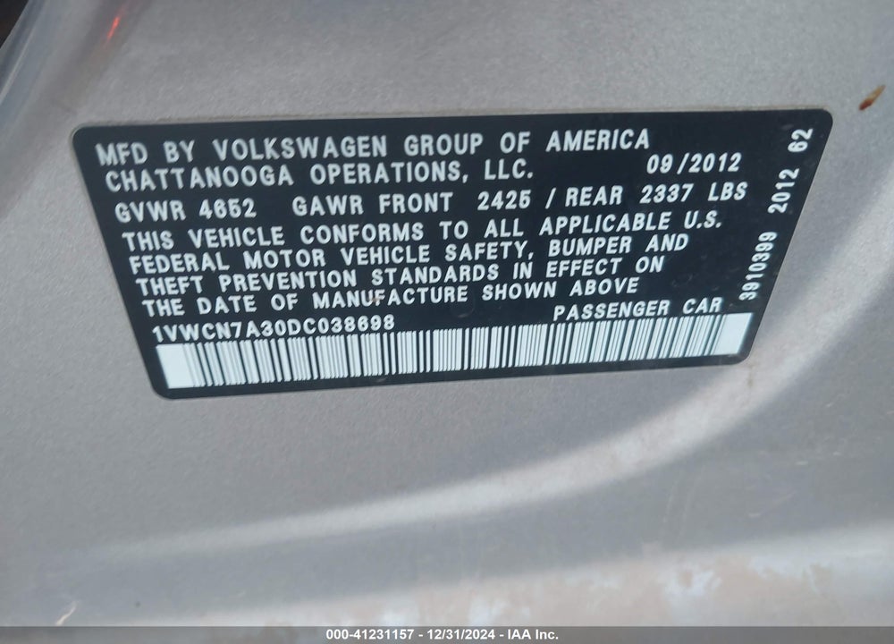 2013 VOLKSWAGEN PASSAT 2.0L TDI SEL PREMIUM VIN: 1VWCN7A30DC038698