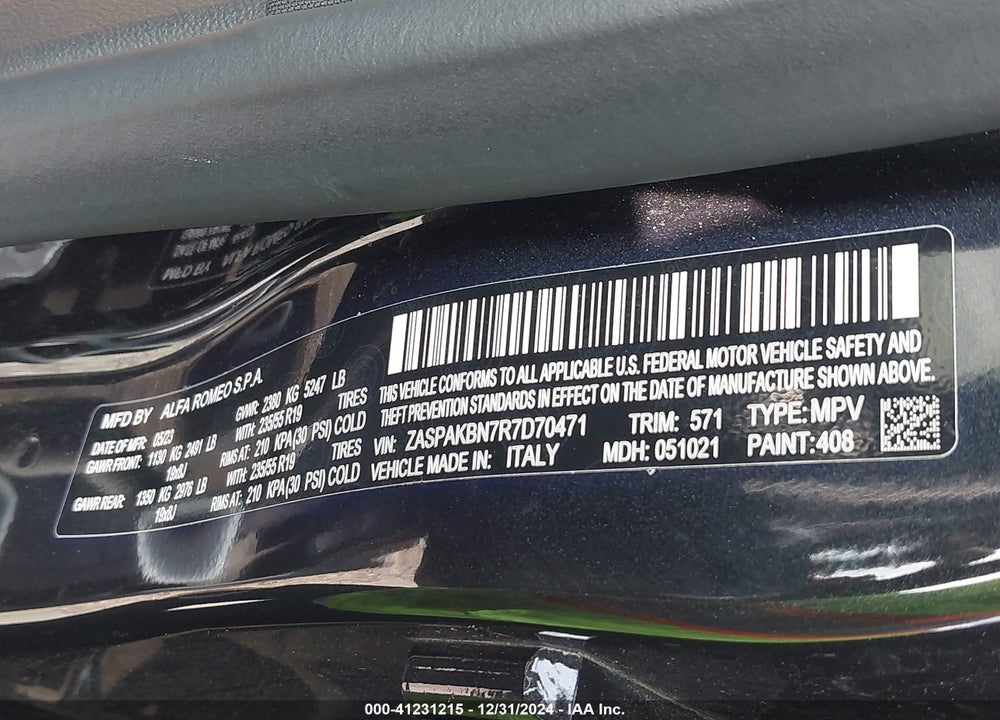 2024 ALFA ROMEO STELVIO TI AWD VIN: ZASPAKBN7R7D70471