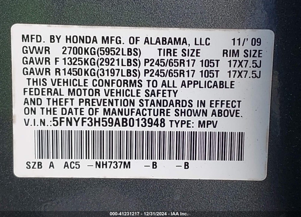 2010 HONDA PILOT EX-L VIN: 5FNYF3H59AB013948