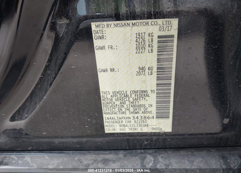 2017 NISSAN ALTIMA 2.5 S VIN: 1N4AL3APXHN343864