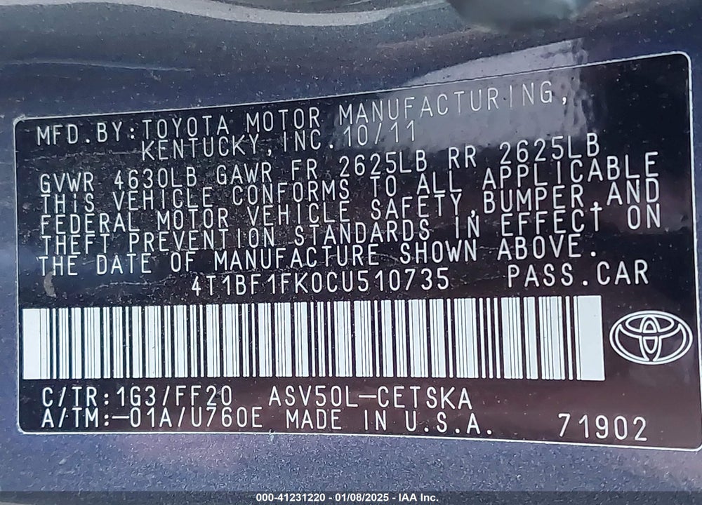 2012 TOYOTA CAMRY VIN: 4T1BF1FK0CU510735