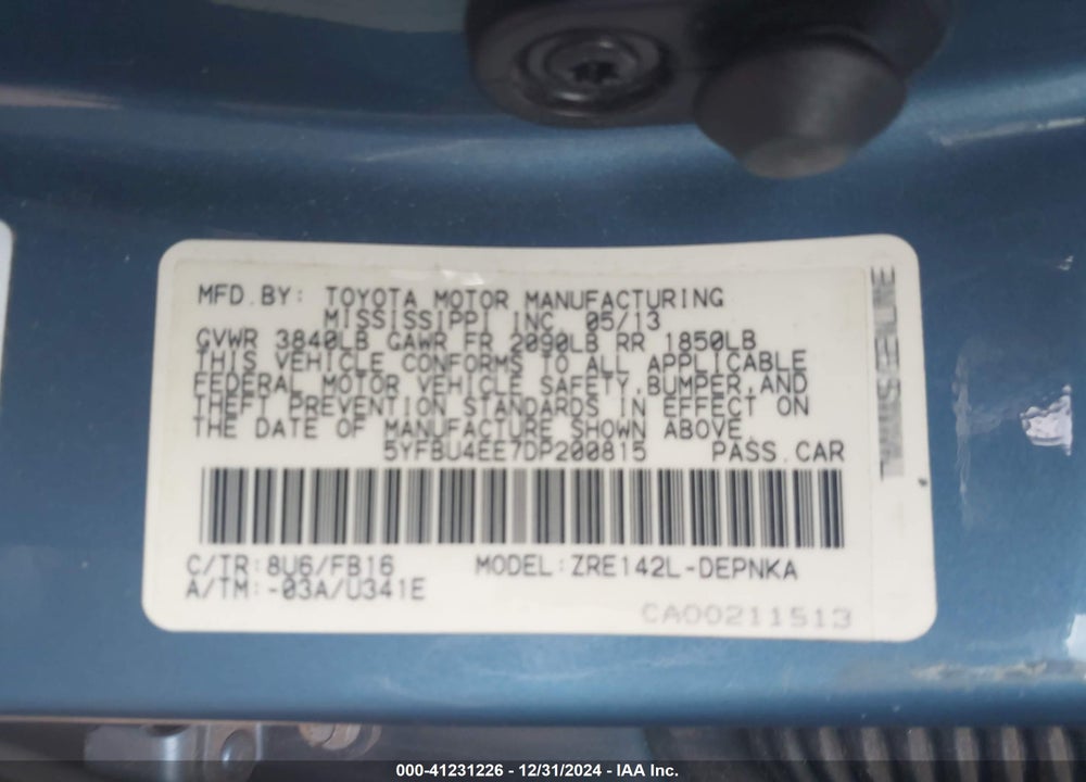 2013 TOYOTA COROLLA VIN: 5YFBU4EE7DP200815