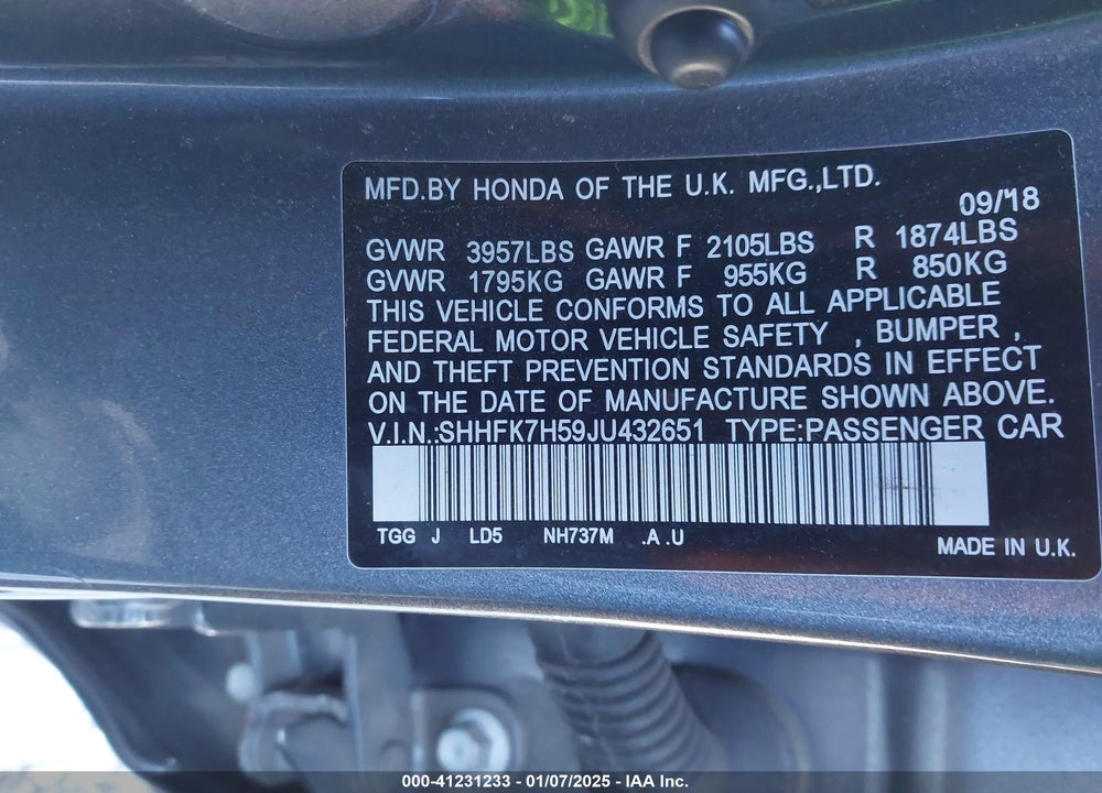 2018 HONDA CIVIC VIN: SHHFK7H59JU432651