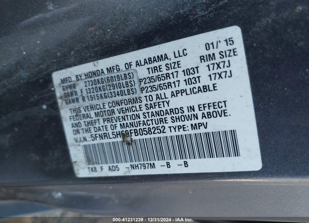 2015 HONDA ODYSSEY EX-L VIN: 5FNRL5H69FB058252