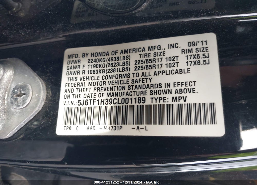 2012 HONDA CROSSTOUR EX VIN: 5J6TF1H39CL001189