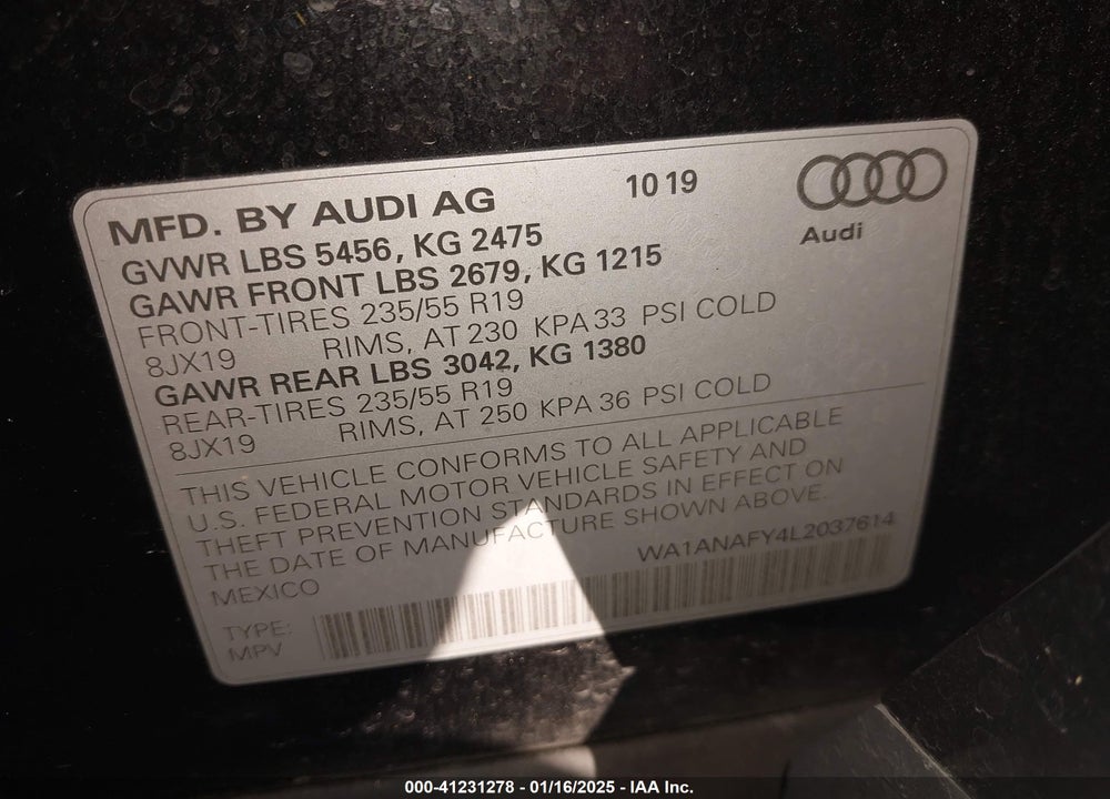 2020 AUDI Q5 PREMIUM 45 TFSI QUATTRO S TRONIC VIN: WA1ANAFY4L2037614