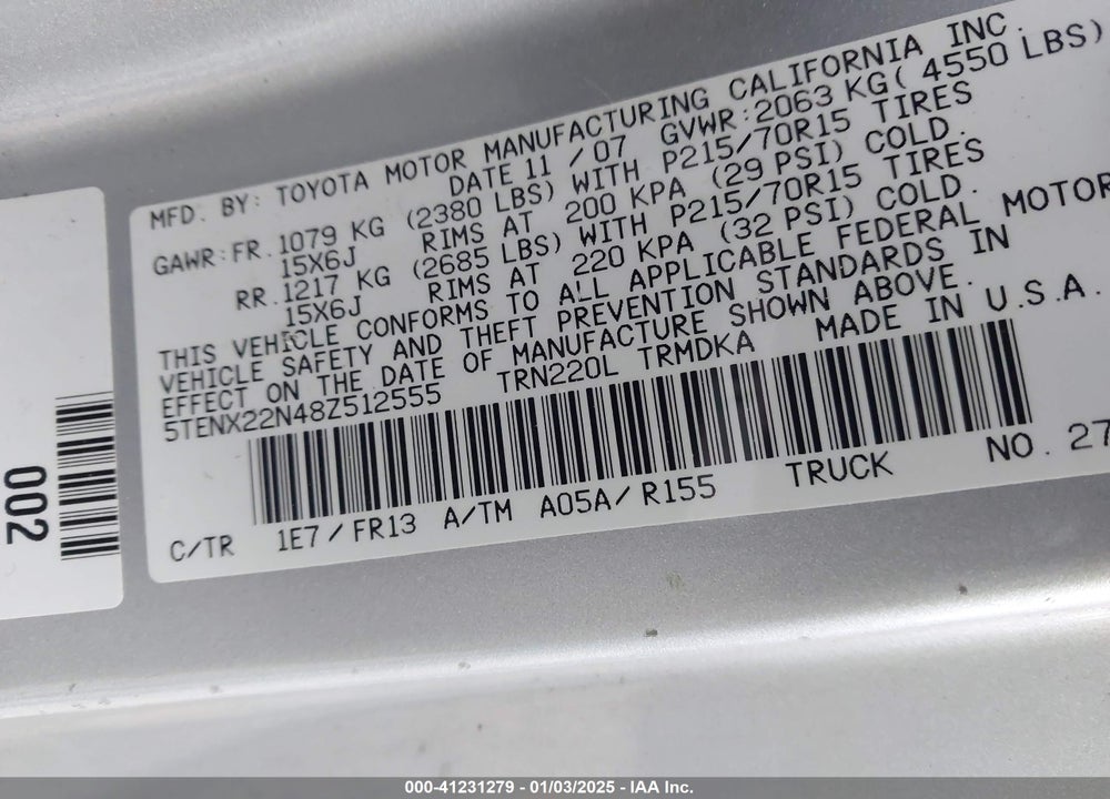 2008 TOYOTA TACOMA VIN: 5TENX22N48Z512555