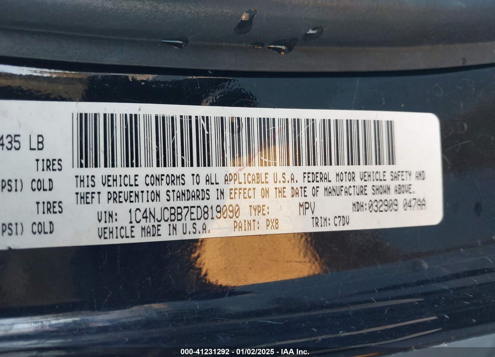 2014 JEEP COMPASS SPORT VIN: 1C4NJCBB7ED819090