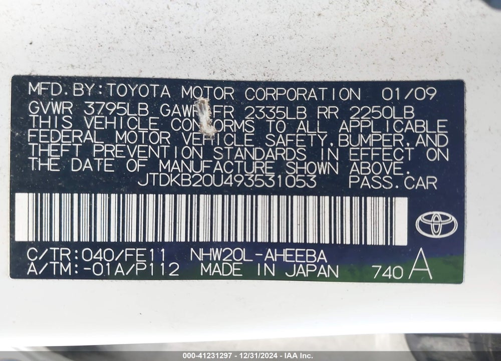 2009 TOYOTA PRIUS VIN: JTDKB20U493531053