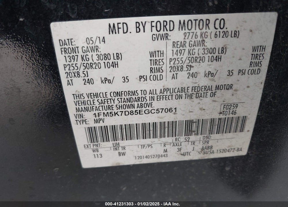 2014 FORD EXPLORER XLT VIN: 1FM5K7D85EGC57061