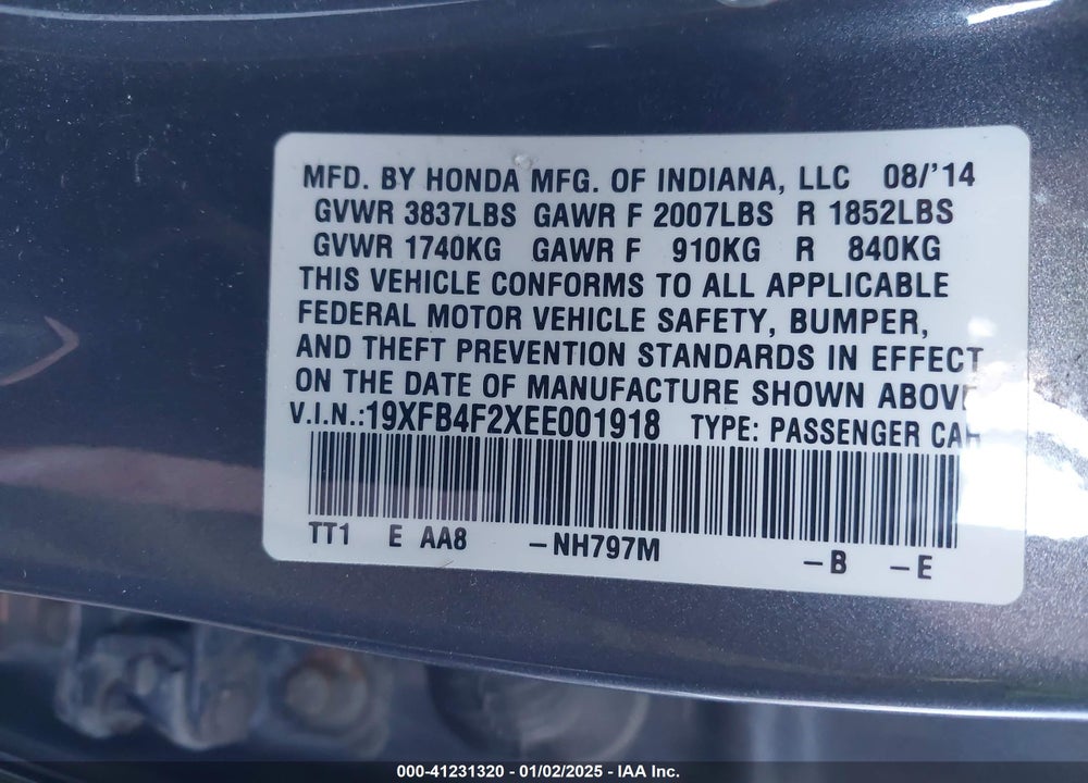 2014 HONDA CIVIC HYBRID VIN: 19XFB4F2XEE001918