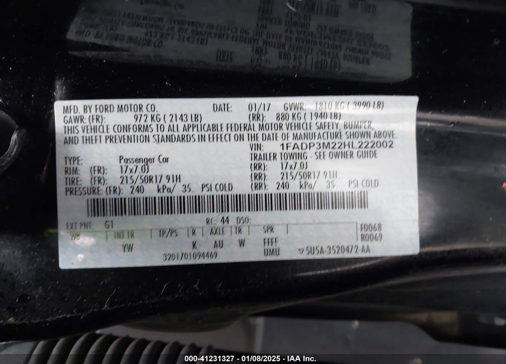 2017 FORD FOCUS VIN: 1FADP3M22HL222002