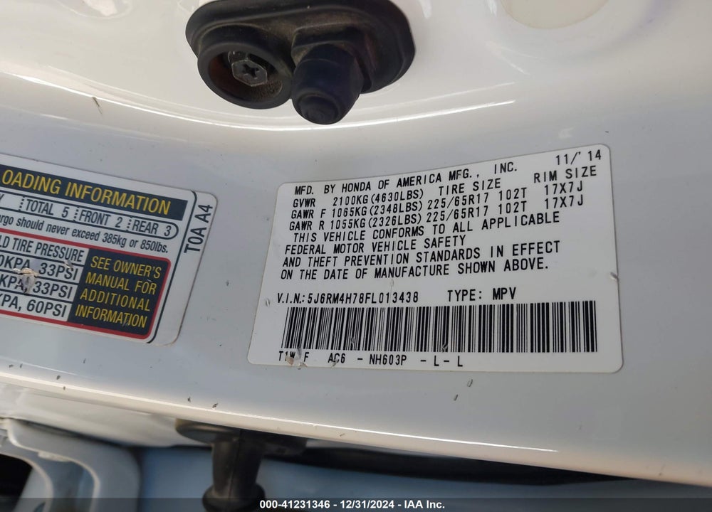 2015 HONDA CR-V EX-L VIN: 5J6RM4H78FL013438
