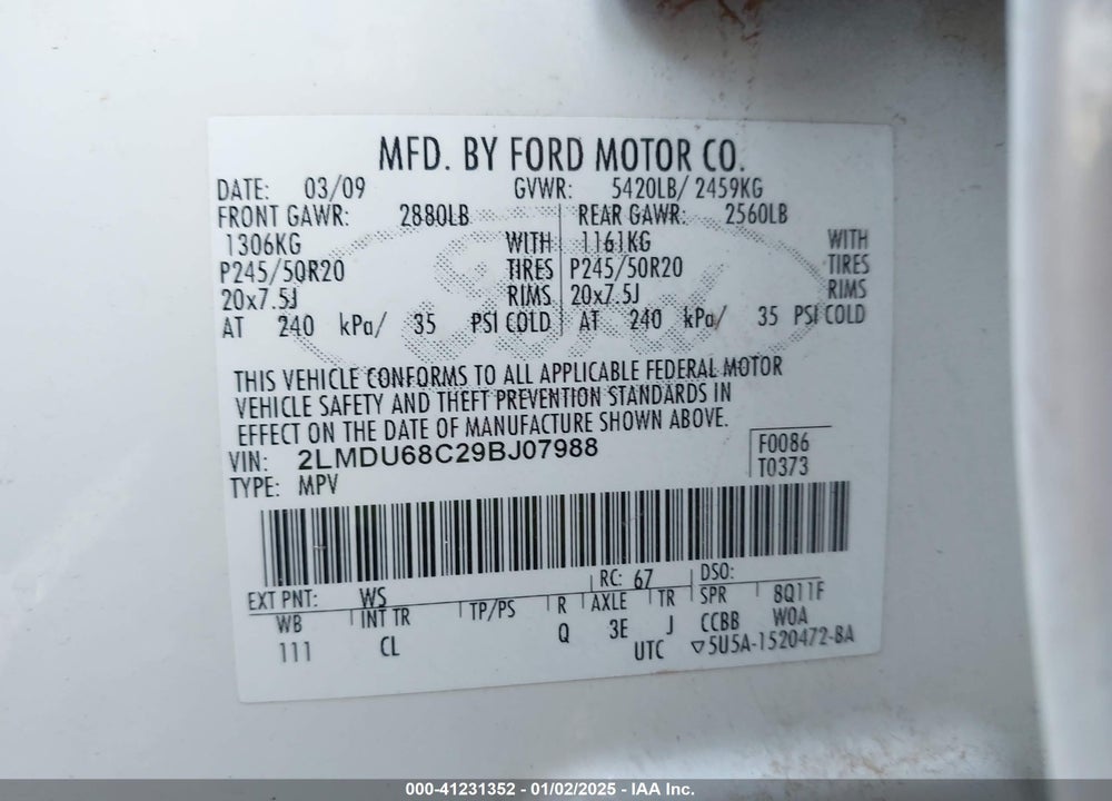 2009 LINCOLN MKX VIN: 2LMDU68C29BJ07988