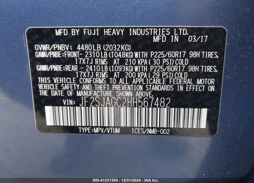2017 SUBARU FORESTER 2.5I PREMIUM VIN: JF2SJAGC2HH567482