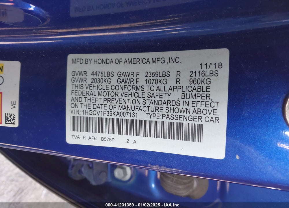 2019 HONDA ACCORD VIN: 1HGCV1F39KA007131