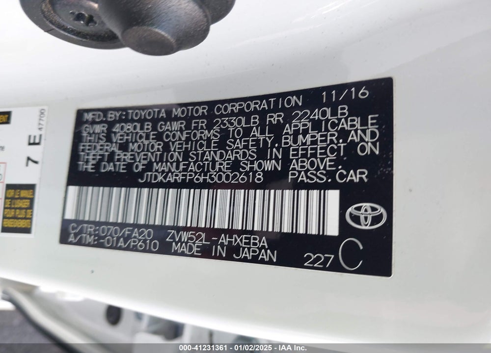 2017 TOYOTA PRIUS PRIME PLUS VIN: JTDKARFP6H3002618