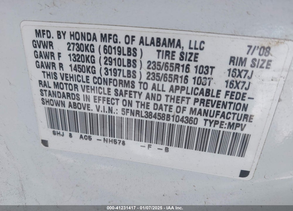 2008 HONDA ODYSSEY EX VIN: 5FNRL38458B104360