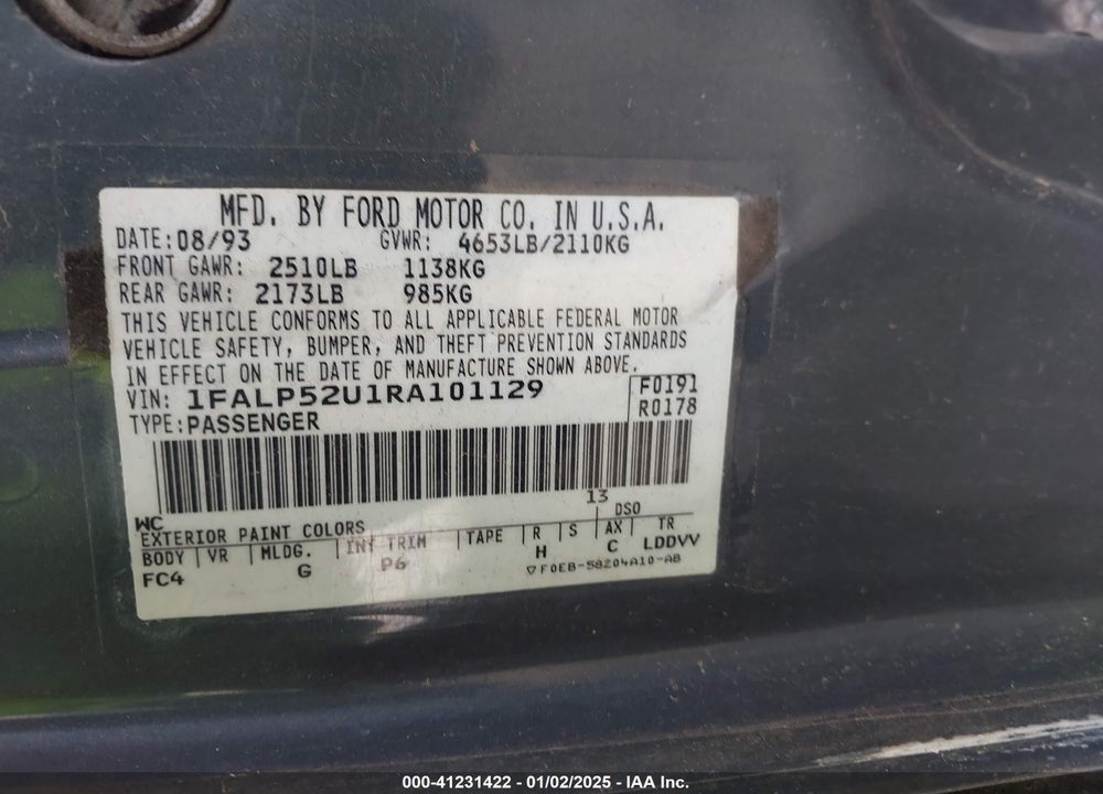 1994 FORD TAURUS GL VIN: 1FALP52U1RA101129