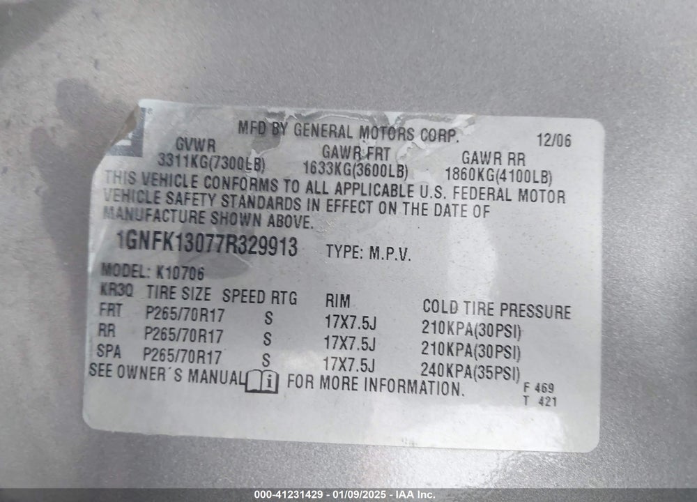 2007 CHEVROLET TAHOE LT VIN: 1GNFK13077R329913