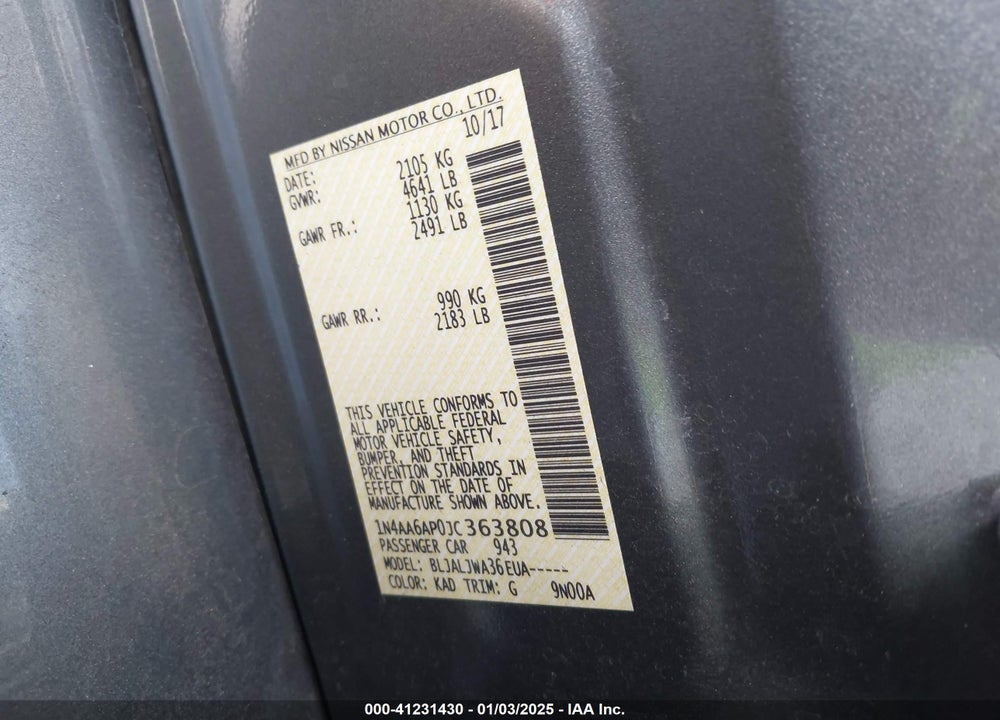 2018 NISSAN MAXIMA VIN: 1N4AA6AP0JC363808