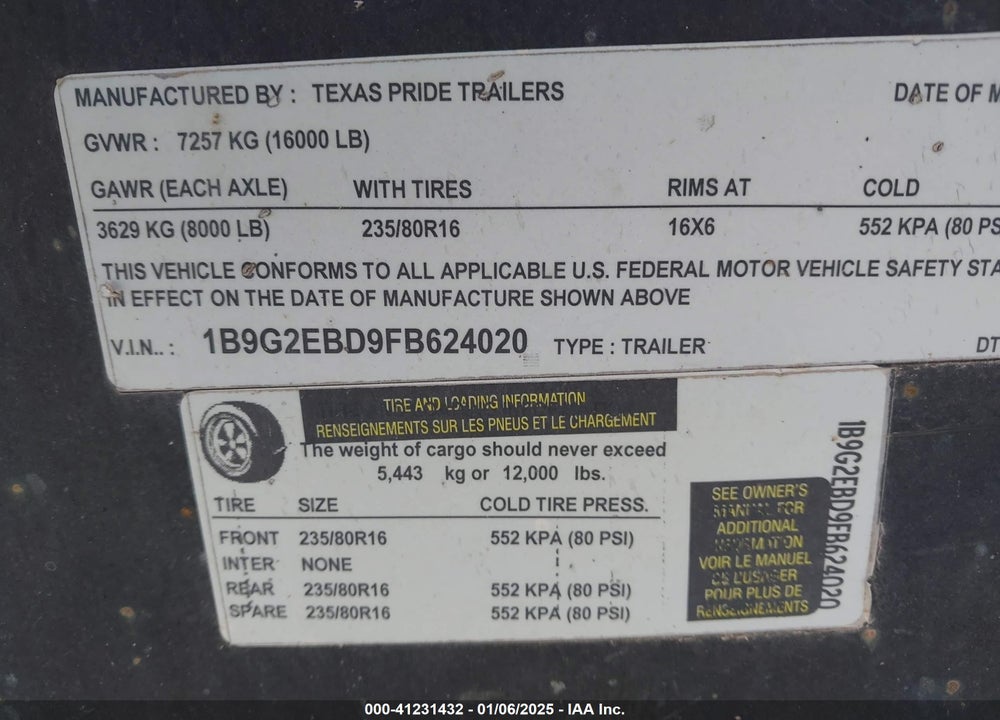 2015 TRAILER BRAY UTILITY TX PRIDE VIN: 1B9G2EBD9FB624020