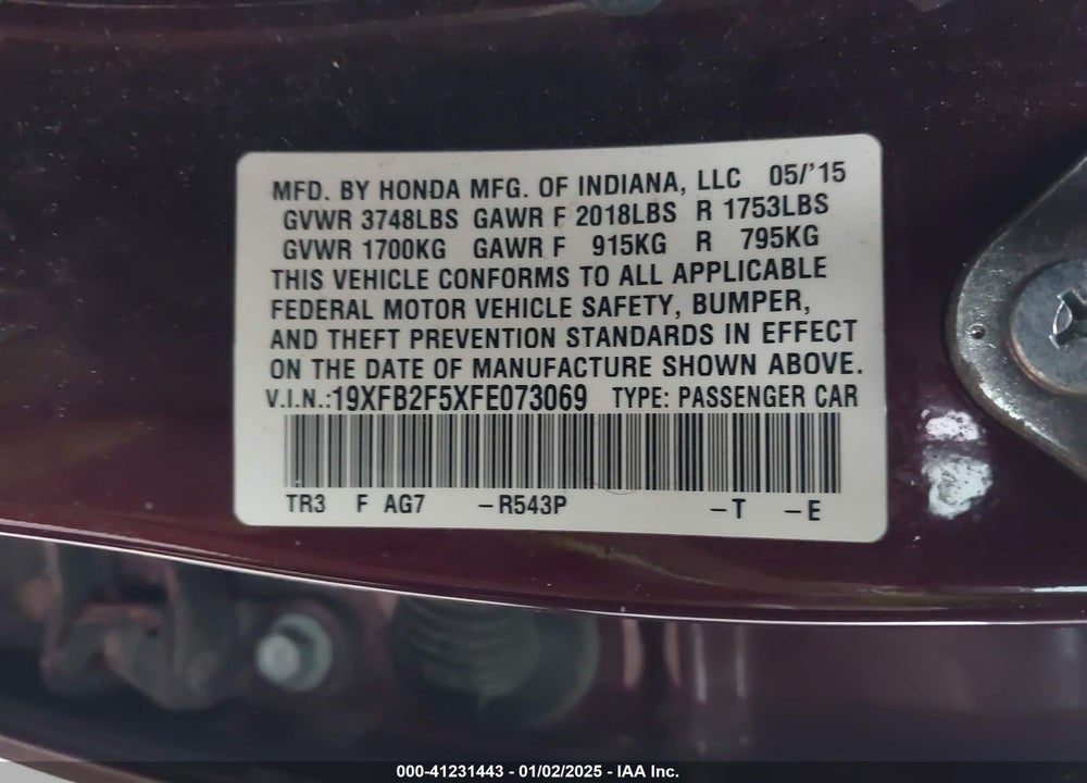 2015 HONDA CIVIC VIN: 19XFB2F5XFE073069
