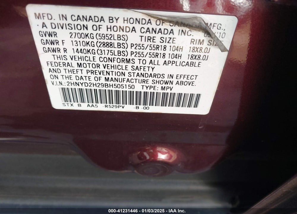 2011 ACURA MDX VIN: 2HNYD2H29BH505150
