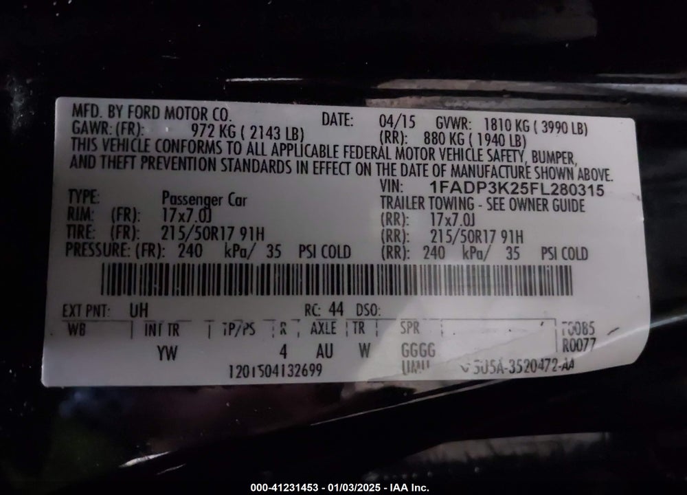 2015 FORD FOCUS VIN: 1FADP3K25FL280315