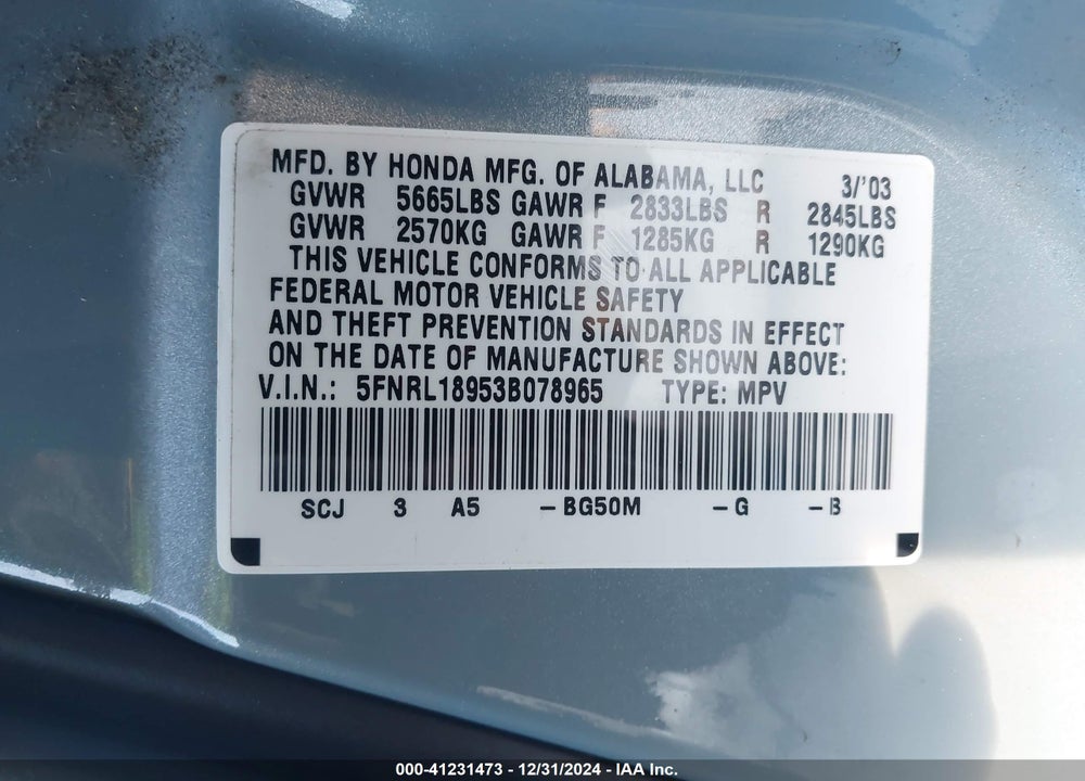 2003 HONDA ODYSSEY EX-L VIN: 5FNRL18953B078965